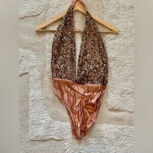 Urban Outfitters Sequin Rose Gold Halter Jumpsuit in Brown and Tan - Size M